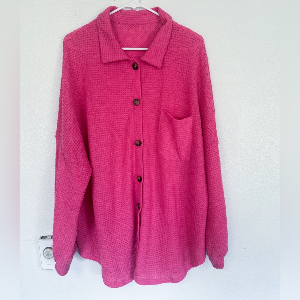 Pink Waffle Knit Button Up Top Textured Long Sleeve Oversized XL 🧺 - Picture 2 of 4